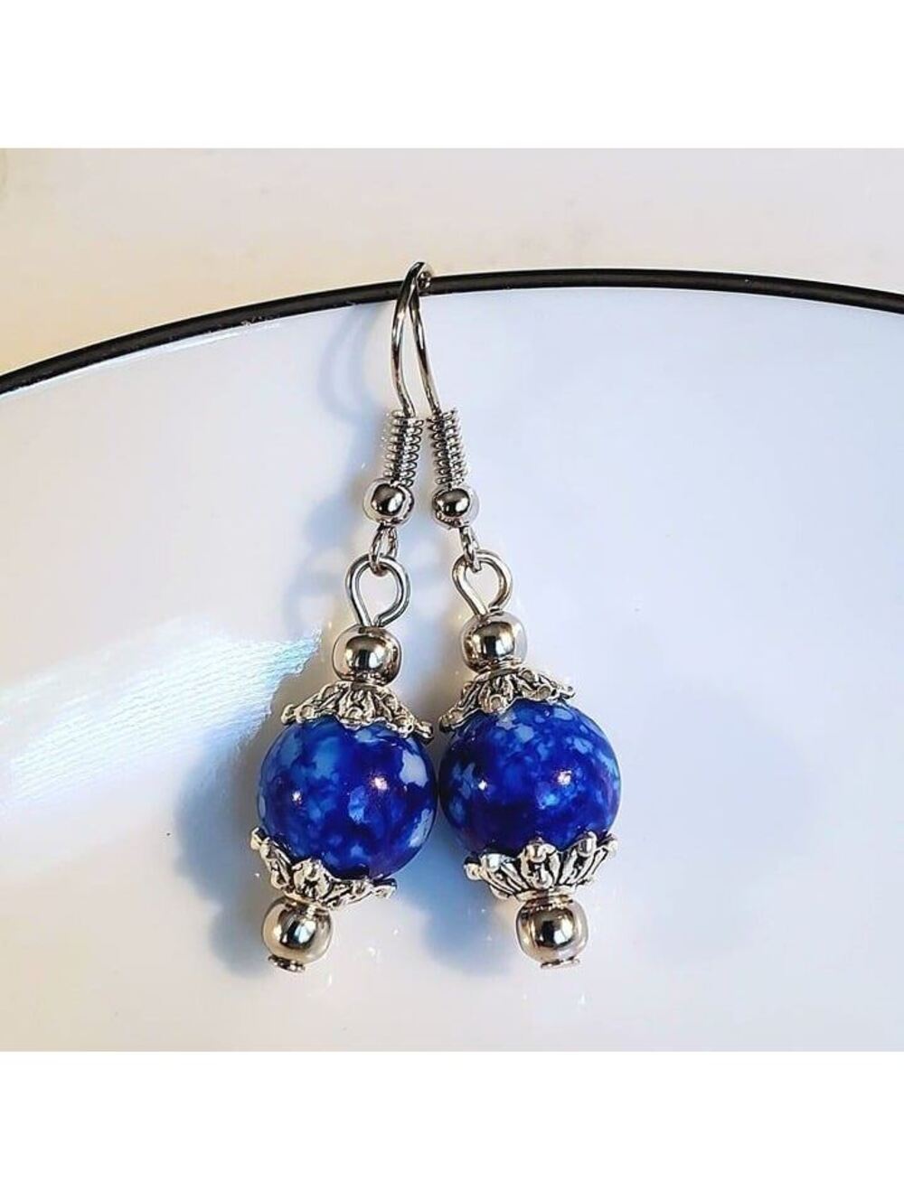 Art Nouveau Glass Beads Mottled Cobalt Blue White Antiqued Silver Earrings